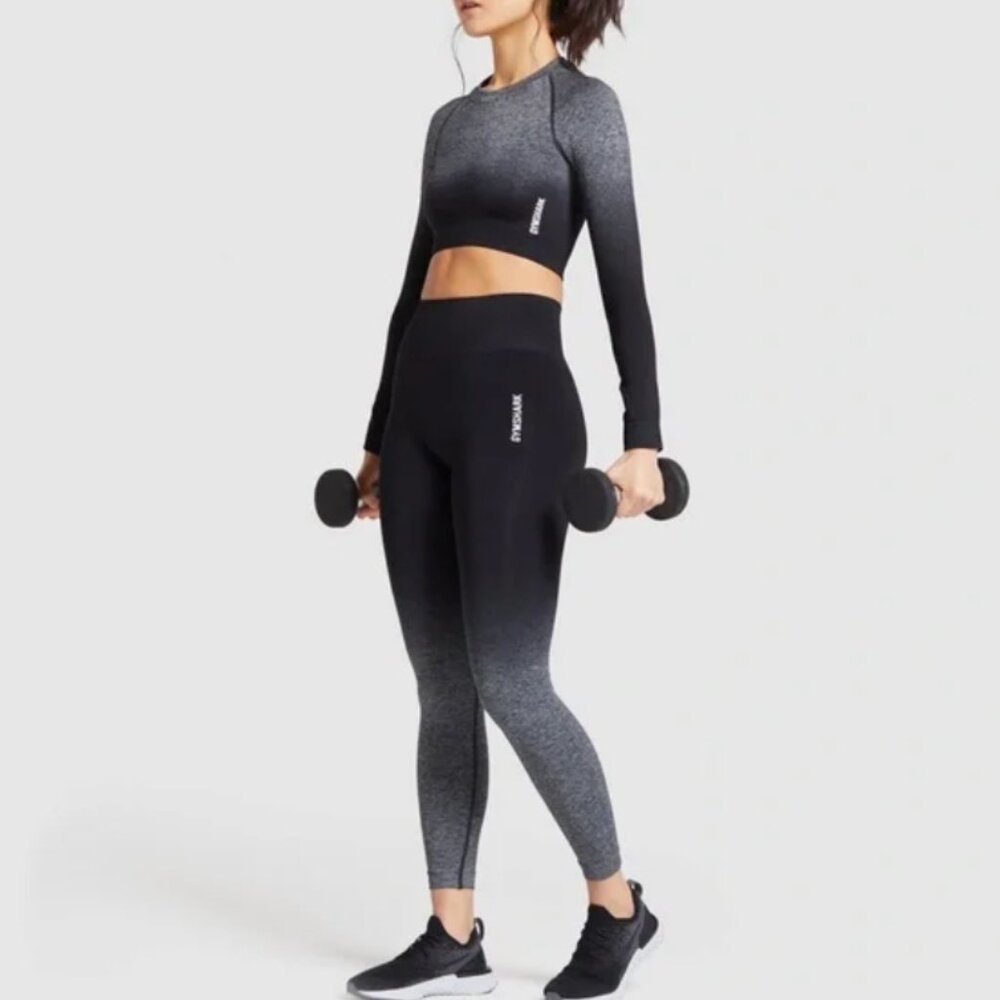 GYMSHARK Adapt Ombre Seamless Long Sleeve Workout Crop Top Black Gray Medium - Picture 10 of 10